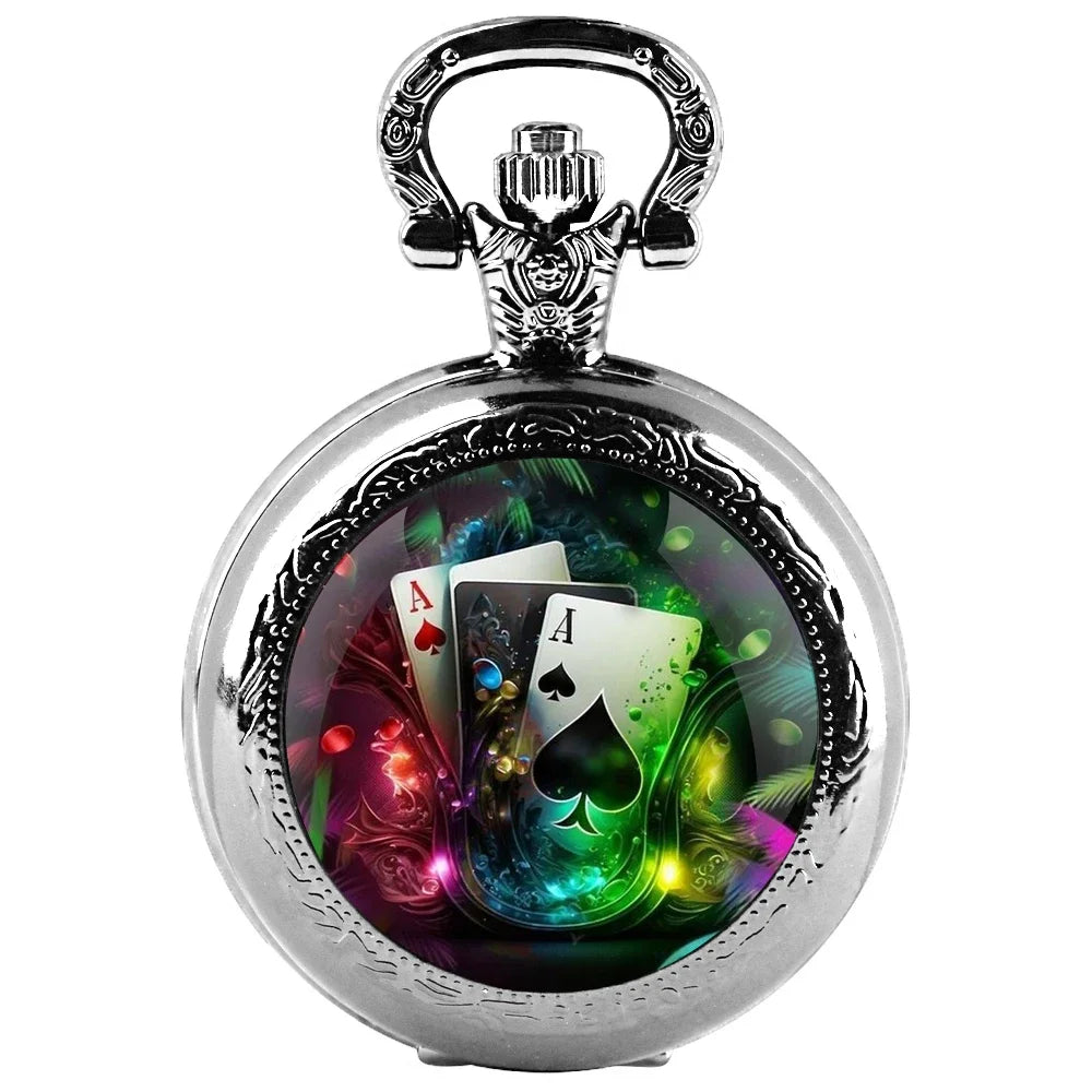 Exquisite Magic Poker Glass Dome Quartz Pocket Watch with Chain Arabic Numeral Dial Women Necklace Pendant Gifts Man Watches