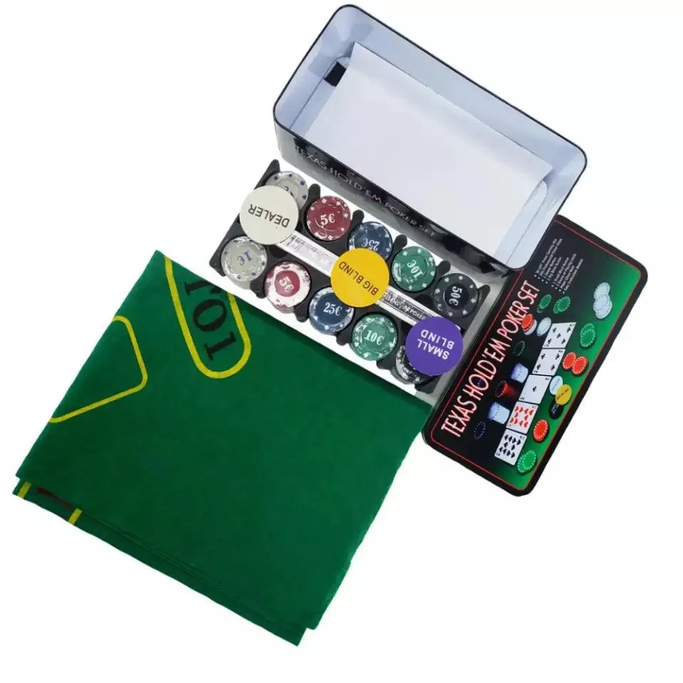 Board Game Poker Set 100 or 200 Chips to Play Poker Cards, Set with Metal Box Professional Casino Chips for Black Jack, with 4 Colors and Distributor Buttons, 100 Pcs |   200 Pcs