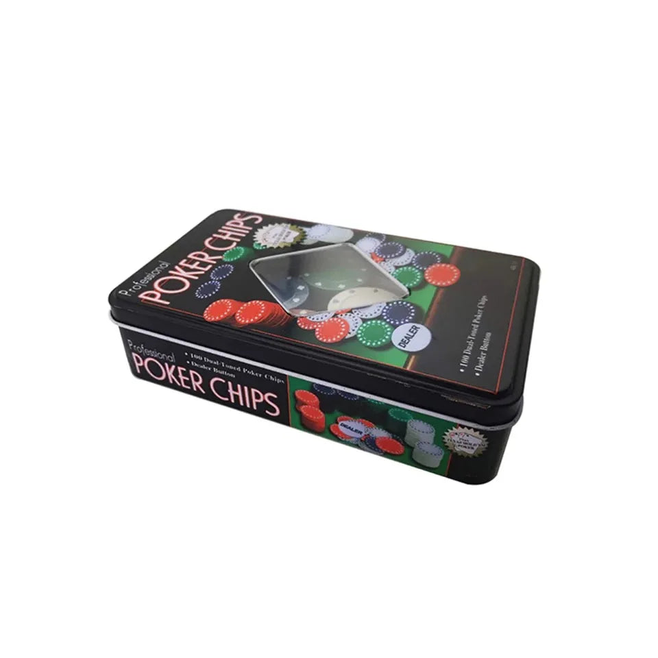 Board Game Poker Set 100 or 200 Chips to Play Poker Cards, Set with Metal Box Professional Casino Chips for Black Jack, with 4 Colors and Distributor Buttons, 100 Pcs |   200 Pcs