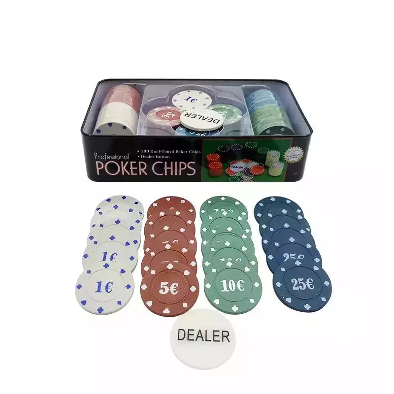 Board Game Poker Set 100 or 200 Chips to Play Poker Cards, Set with Metal Box Professional Casino Chips for Black Jack, with 4 Colors and Distributor Buttons, 100 Pcs |   200 Pcs