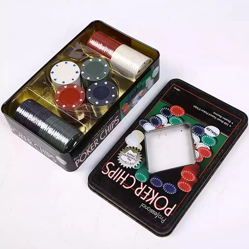 Board Game Poker Set 100 or 200 Chips to Play Poker Cards, Set with Metal Box Professional Casino Chips for Black Jack, with 4 Colors and Distributor Buttons, 100 Pcs |   200 Pcs